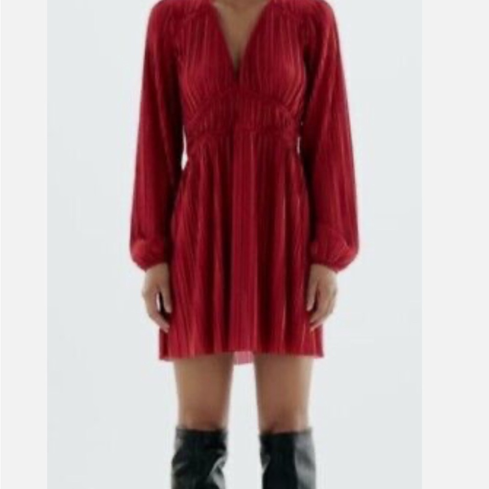 Zara Red Pleated Bishop Sleeve Sundress